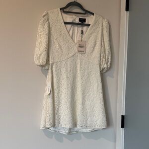 Bardot Ivory Lace Dress with Puff Sleeves